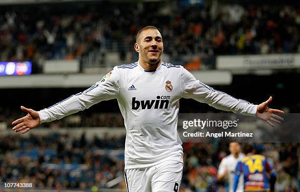 Karim Benzema of Real Madrid celebrates after scoring Real's opening goal during the round of last 16 Copa del Rey match between Real Madrid and...