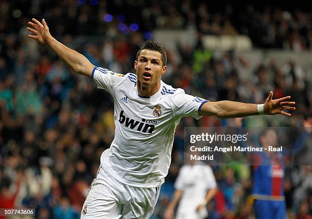 Cristiano Ronaldo of Real Madrid celebrates after scoring Real's seventh goal and his hat-trick during the round of last 16 Copa del Rey match...
