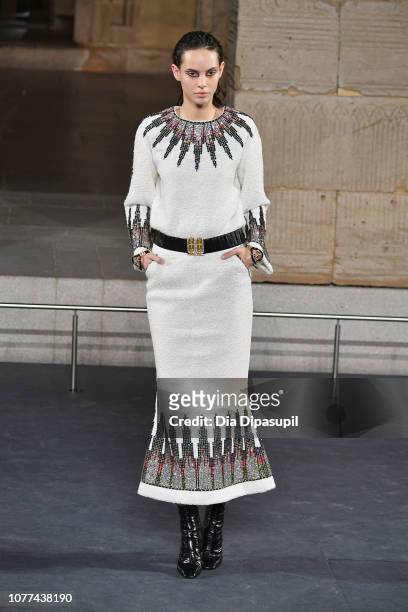Model walks the runway at Chanel Metiers D'Art 2018/19 Show at The Metropolitan Museum of Art on December 04, 2018 in New York City.