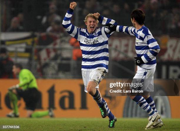 Julian Koch of Duisburg celebrates after scoring his teams second goal during the DFB Cup round of sixteen match between 1. FC Koeln and MSV Duisburg...