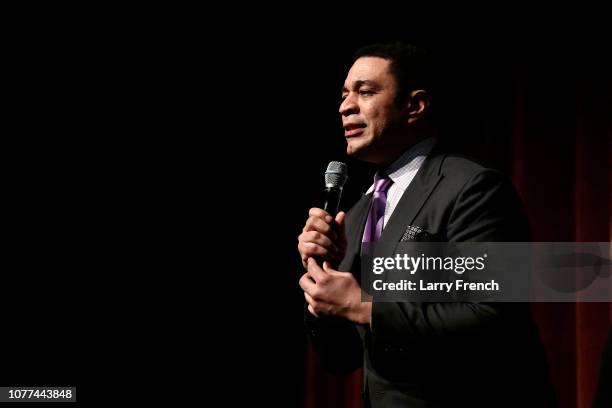 Harry Lennix appears on stage at the premiere of Harry Lennix's Film Revival!, a gospel musical based on the Book of John, at the Museum of The Bible...