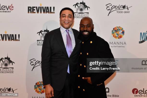 Harry Lennix and Mali Music are seen at the premiere of Harry Lennix's Film Revival!, a gospel musical based on the Book of John, at the Museum of...