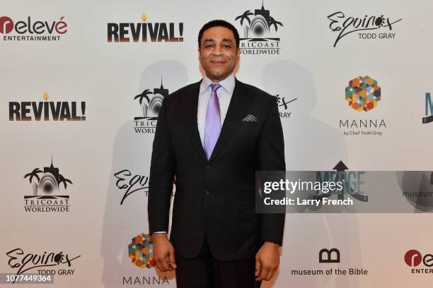 Harry Lennix is seen at the premiere of Harry Lennix's Film Revival!, a gospel musical based on the Book of John, at the Museum of The Bible on...