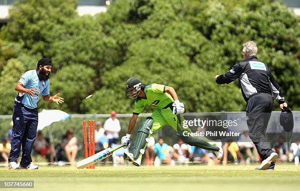 Fawad Alam of Pakistan is run out during the Twenty20 trial match between Pakistan and the Auckland Aces at Colin Maiden Park on December 23, 2010 in...