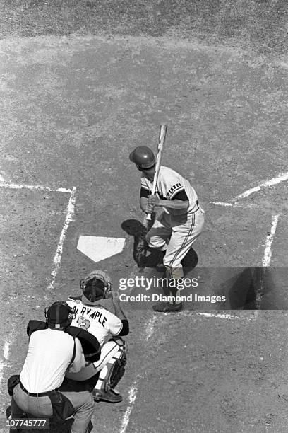 An overhead view as firstbaseman Sadaharu Oh of the Tokyo Giants of the Japanese Central League strides into a pitch during a Spring Training game in...