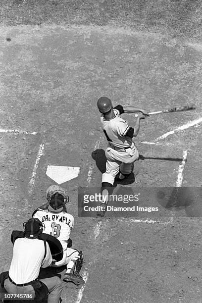An overhead view as firstbaseman Sadaharu Oh of the Tokyo Giants of the Japanese Central League swings at a pitch during a Spring Training game in...