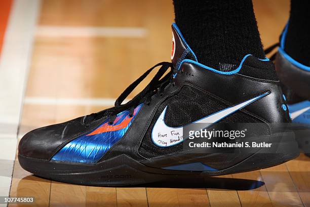 The sneakers of Kevin Durant of the Oklahoma City Thunder with the inscription "Have Fun, Play Hard" during a game on December 22, 2010 at Madison...