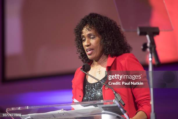 Olympic hero Jackie Joyner-Kersee speaks at the Illinois Bicentennial party at Navy Pier in Chicago, Illinois, December 3, 2018. The state of...