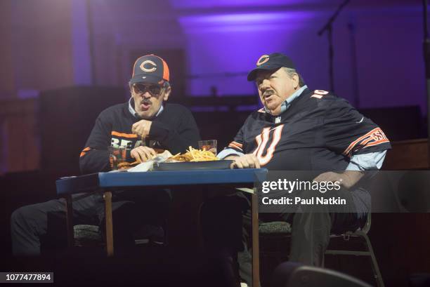 Robert Smigel and George Wendt reenact their Chicago Superfan ‘Da Bears’ skit during the Illinois Bicentennial party at Navy Pier in Chicago,...