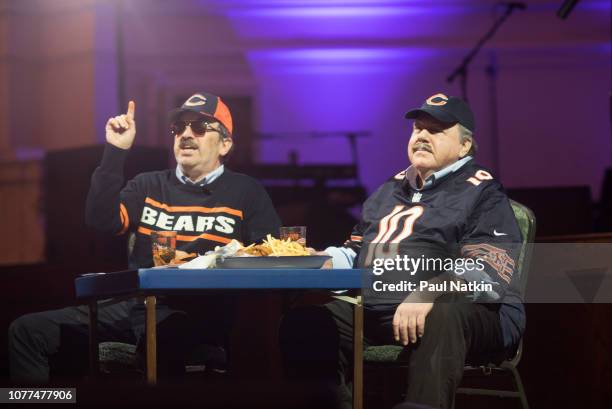 Robert Smigel and George Wendt reenact their Chicago Superfan ‘Da Bears’ skit during the Illinois Bicentennial party at Navy Pier in Chicago,...