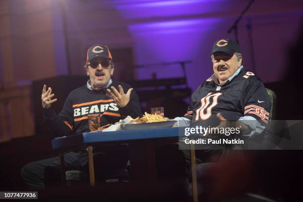 Robert Smigel and George Wendt reenact their Chicago Superfan ‘Da Bears’ skit during the Illinois Bicentennial party at Navy Pier in Chicago,...