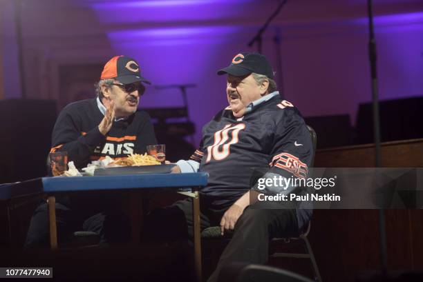 Robert Smigel and George Wendt reenact their Chicago Superfan ‘Da Bears’ skit during the Illinois Bicentennial party at Navy Pier in Chicago,...