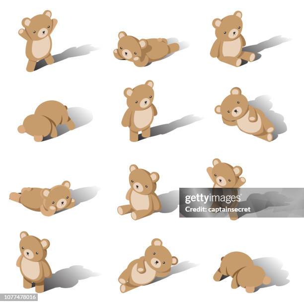 satz von isometrischen cartoon-teddybären - teddy bear stock-grafiken, -clipart, -cartoons und -symbole