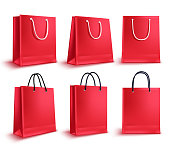 Shopping bags vector set. Red sale empty paper bags collection for fashion shopping