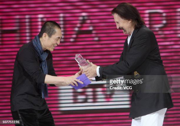Chinese director Zhang Yimou delivers "Lifetime Achievement Award" to German designer Luigi Colani during China Fashion Ceremony 2010 at Traders...
