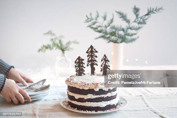 woman setting down plates for vegan christmas tree cake - christmas cute stock pictures, royalty-free photos & images