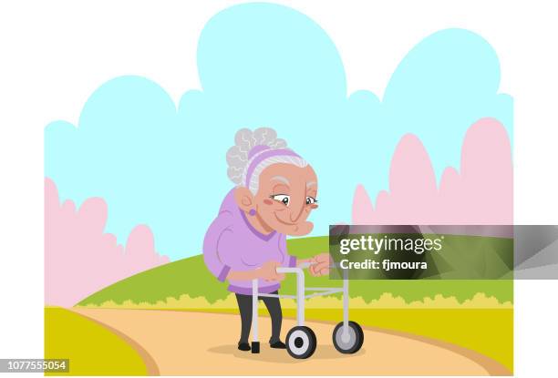 elderly taking a walk with his walker - seniors hiking stock illustrations