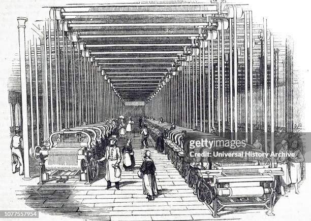 An engraving depicting a weaving shed fitted with power looms at Orrell's cotton mill, Stockport, Lancashire. Dated 19th century.