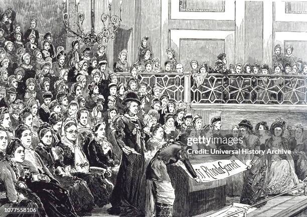 An engraving depicting a meeting at St James' Hall, London to further the cause of Women's suffrage. Dated 19th century.