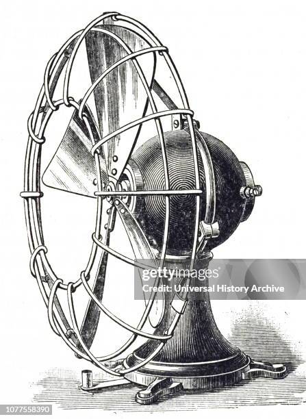 An engraving depicting an electric fan fitted with a wire guard. Dated 19th century.