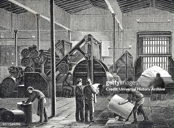 An engraving depicting the Walter rotary press, installed for printing The Times in 1866. Two such machines, each producing 11,000 copies per hour,...