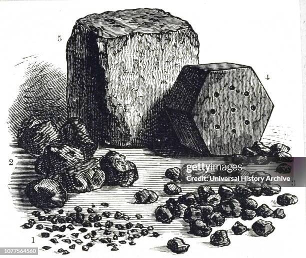 An engraving depicting various sizes and pieces of gunpowder, in use towards the end of the nineteenth century, ranging from the fine Poudre-brutale...