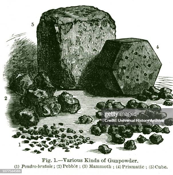 An engraving depicting various sizes and pieces of gunpowder, in use towards the end of the nineteenth century, ranging from the fine Poudre-brutale...