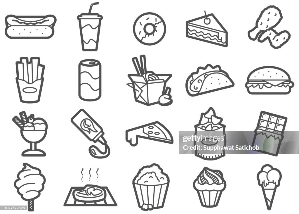 Junk-Food Linie Icons Set