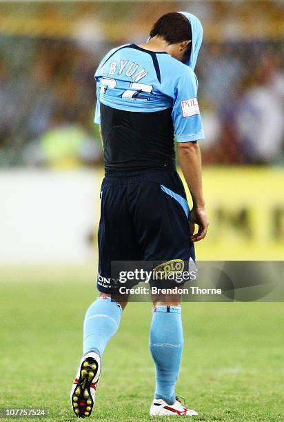 Sung-Hwan Byun of Sydney FC looks dejected after the round 20 A-League match between Sydney FC and the Melbourne Heart at Sydney Football Stadium on...