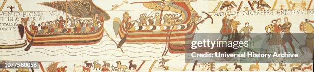 Scene from the Bayeux Tapestry depicting how in 1064, Harold Godwinson, the Earl of Wessex, was shipwrecked on the shores of Ponthieu and captured by...