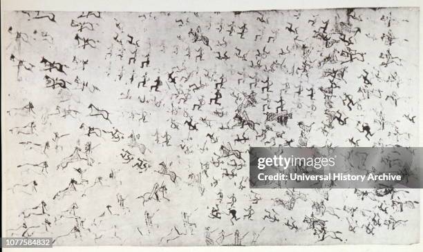 Native American depiction of Battle of the Little Bighorn, , , battle at the Little Bighorn River in Montana Territory, U.S., between federal troops...