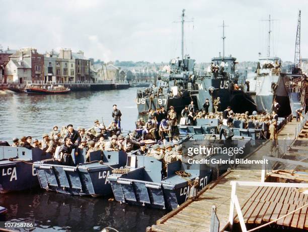 Boats full of United States troops waiting to leave Weymouth, Southern England, to take part in Operation Overlord in Normandy, June 1944. This...