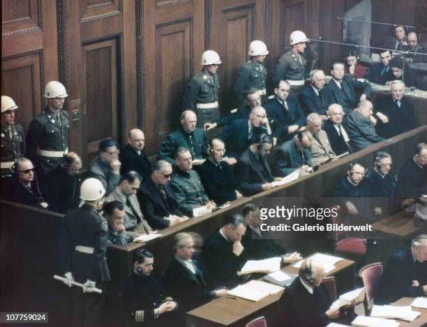 Defendants in the dock on the first day of the trial against leading Nazi figures for war crimes and crimes against humanity at the International...