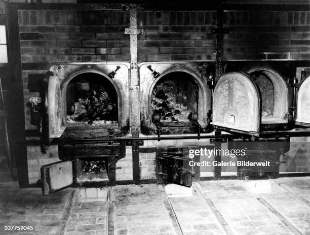 Buchenwald Concentration Camp, Bones of anti-Nazi German women still are in the brick ovens on the crematorium. April 1945. The ovens were...