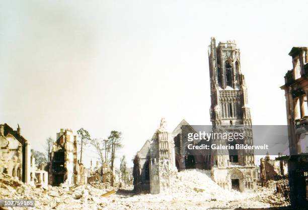 Operation Overlord Normandy, The church Notre Dame has been heavily damaged during the attacks on Saint-Lo. August 1944. The town was almost totally...