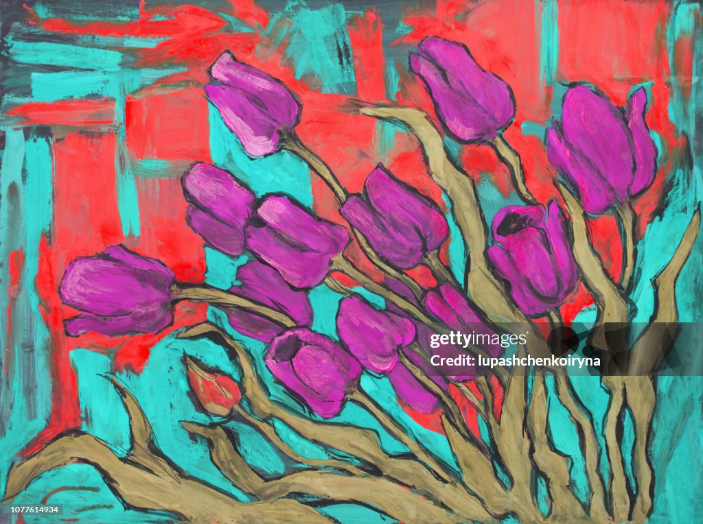 Modieuze illustratie moderne kunst werken mijn origineel olieverfschilderij op doek stilleven bloeien paars tulpen