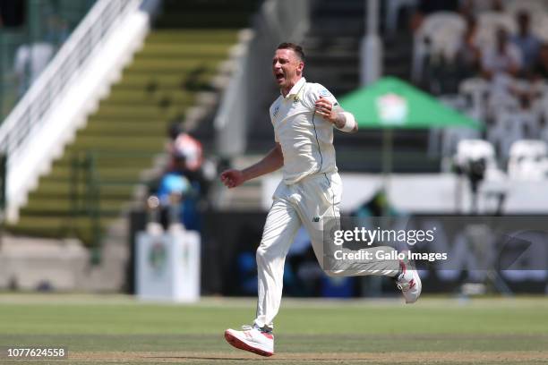 Dale Steyn of South Africa celebrates getting Shan Masood of Pakistan wicket during day 3 of the 2nd Castle Lager Test match between South Africa and...