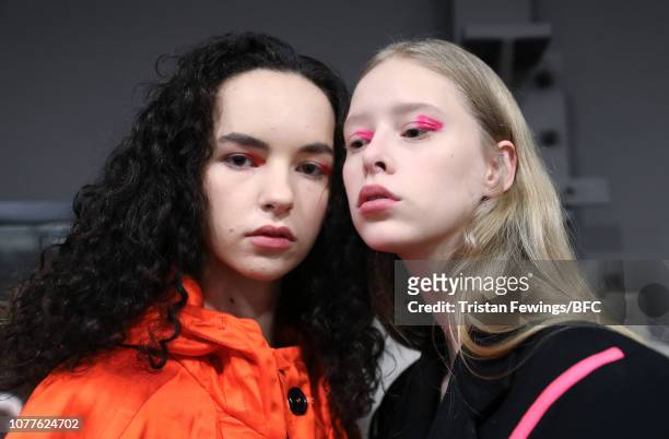 Models backstage ahead of the Pronounce show during London Fashion Week Men's January 2019 at 30 Fashion Street on January 5, 2019 in London, England.