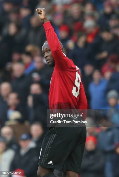 Romelu Lukaku of Manchester United celebrates scoring their second goal during the FA Cup Third Round match between Manchester United and Reading at...