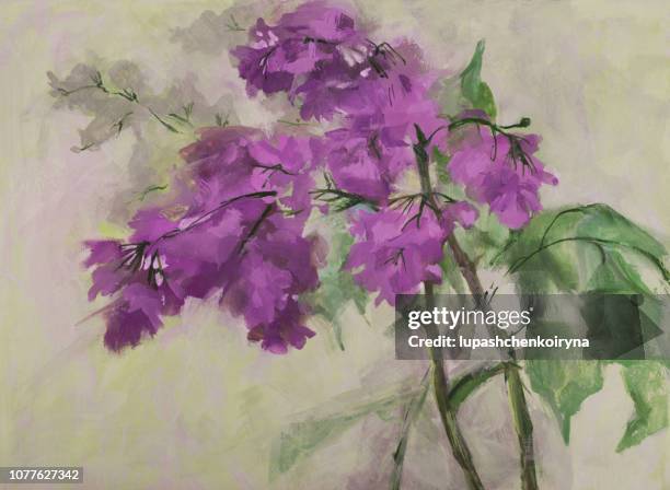 stockillustraties, clipart, cartoons en iconen met modieuze illustratie moderne kunst werken mijn origineel olieverfschilderij op doek voorjaar stilleven bloeien paars lila - stilleven