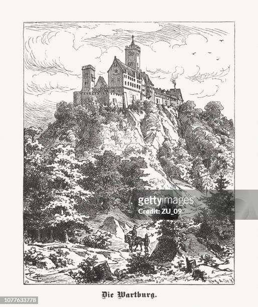 die wartburg im mittelalter, holzstich, veröffentlicht 1900 - wartburg stock-grafiken, -clipart, -cartoons und -symbole