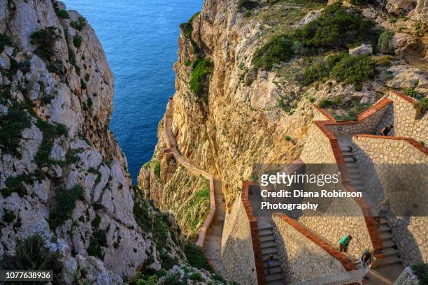 part of the 654-step escala del cabirol (goat's steps) leading down to nepture's grotto, capo caccia, sardinia, italy - neptune's grotto stock pictures, royalty-free photos & images