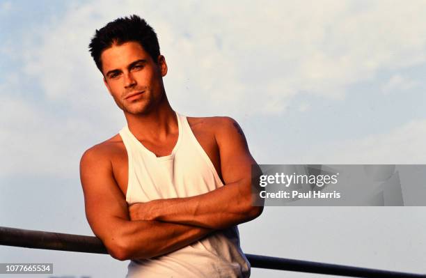 Rob Lowe, actor, photographed on the balcony of his publicist offices in Beverly Hills February 3, 1990 Beverly Hills, Los Angeles, California