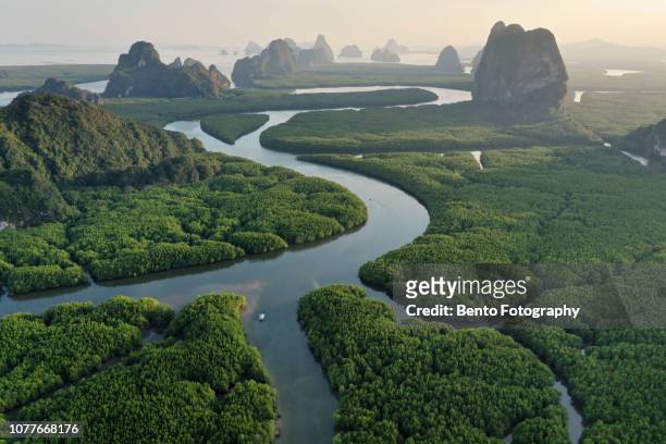 unseen thailand : aerial view of phang nga bay in the sunset, thailand - media summit fotografías e imágenes de stock