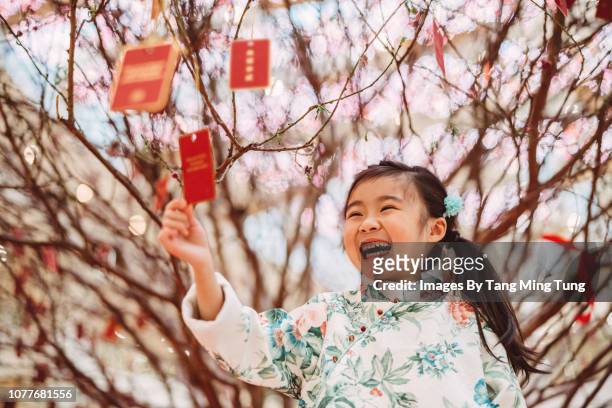 lovely little girl looking & smiling joyfully at red envelope in chinese new year - 2018 chinese new year stock pictures, royalty-free photos & images