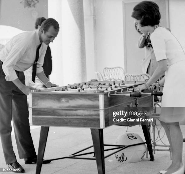 The princes Juan Carlos of Borbon and Sofia of Greece play soccer in the garden of the Zarzuela Palace, First January 1970, Madrid, Spain.