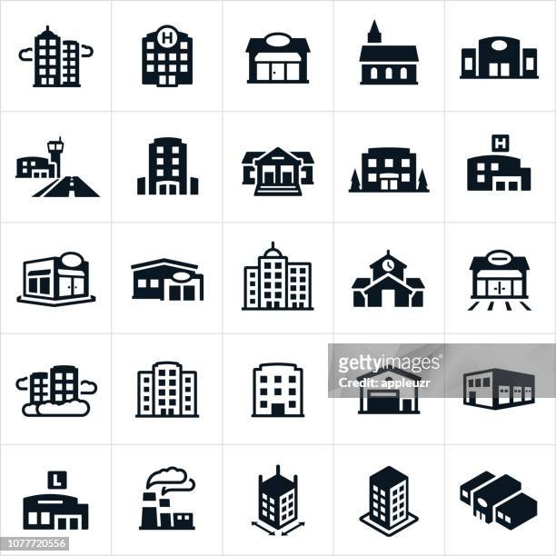 illustrazioni stock, clip art, cartoni animati e icone di tendenza di icone edifici - struttura edile