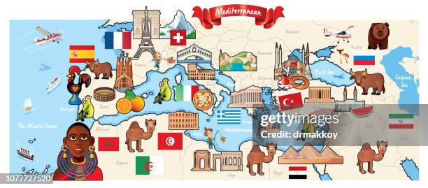 cartoon map of mediterranean - moroccan food stock illustrations