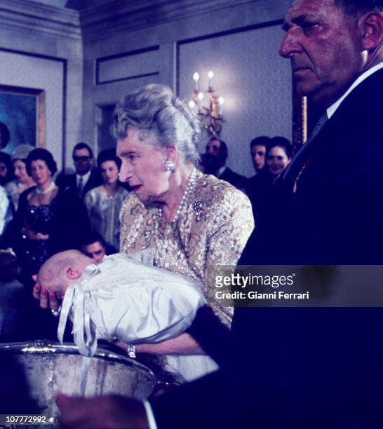Victoria Eugenia, mother of Prince Juan Carlos of Borbon, godmother in baptism of Prince Felipe at El Pardo Palace Madrid, Spain.