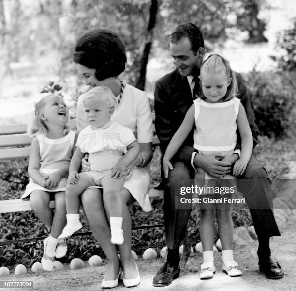 The princes Juan Carlos of Borbon and Sofia of Greece in the gardens of Zarzuala Palace with their three sons Ctristina , Felipe and Elena Madrid,...